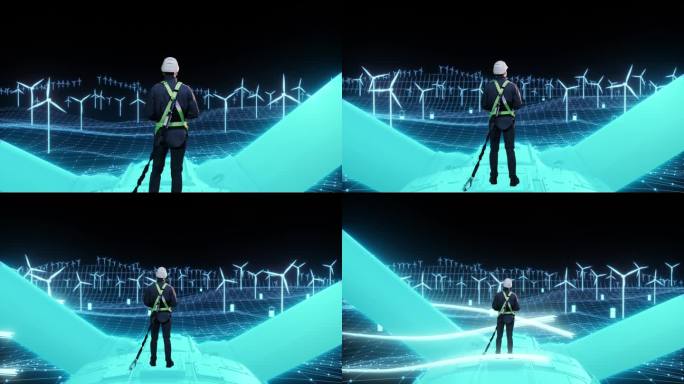 黑暗3D动画可视化:白人男性绿色能源工程师使用笔记本电脑在风力涡轮机顶部。一名检查工业风电场的男子。