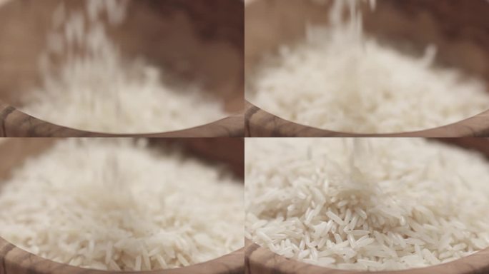 慢镜头特写:用印度香米填满碗