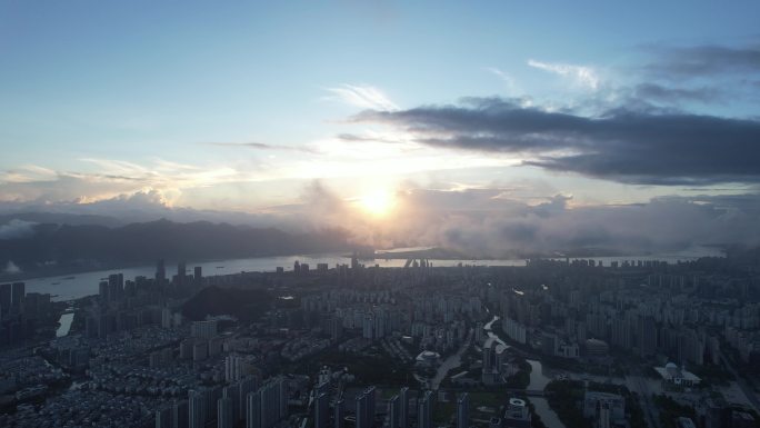 浙江温州城市清晨日出彩霞航拍