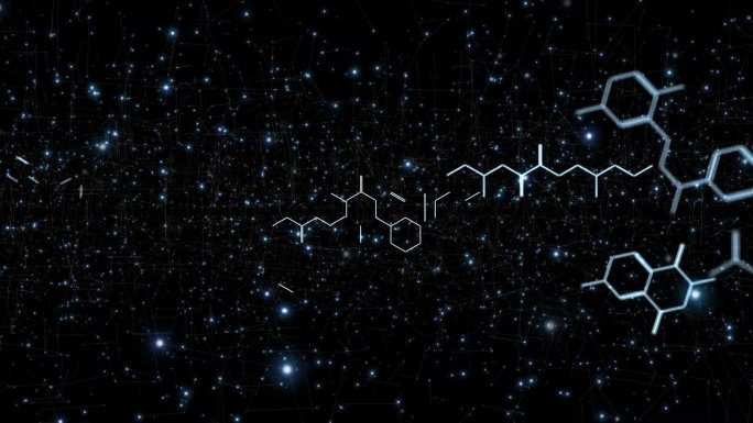 化学六边形分子和动画发光点在深黑色抽象背景。