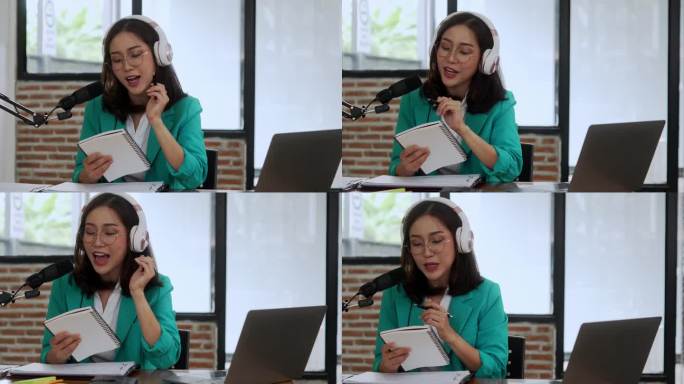 一名亚洲妇女戴着耳机在笔记本电脑上录播客。女播客在她的家庭工作室制作音频播客。