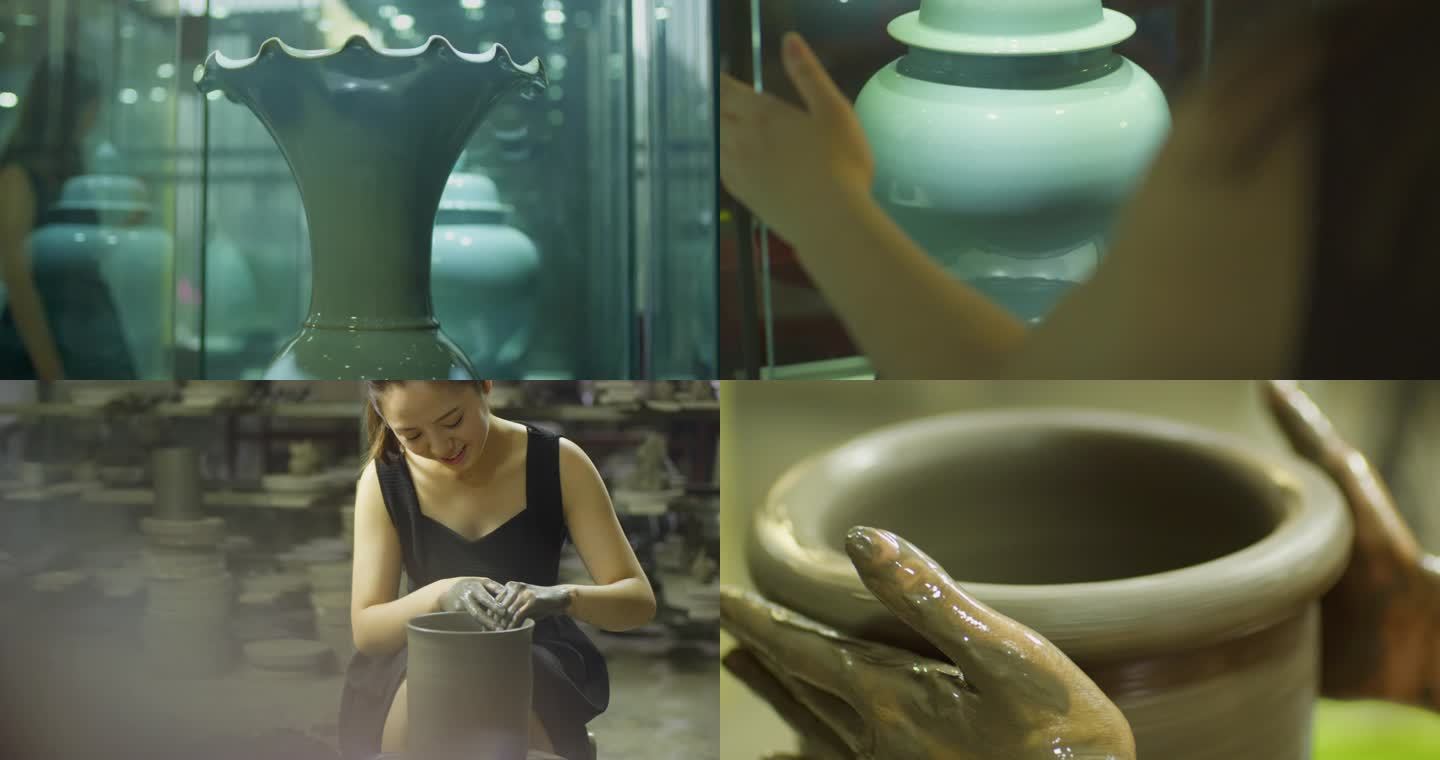 美女手捏陶瓷制陶工艺钧瓷加工制作展示参观