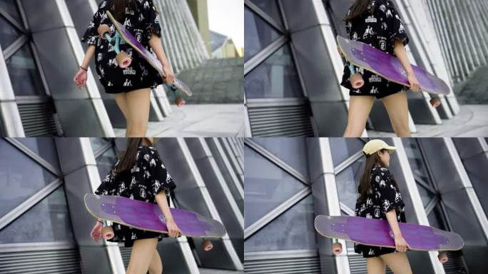 女孩拿着滑板