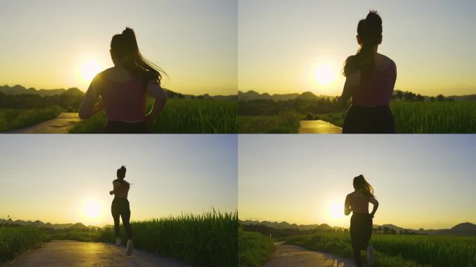 女孩日落时分户外田野里奔跑阳光运动健康跑