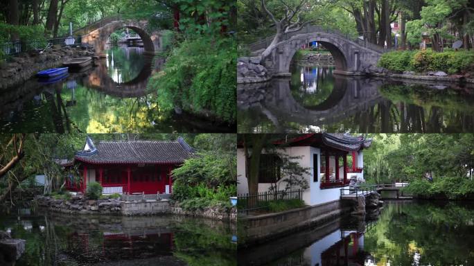 江南园林的拱桥和古建筑风光，上海古钟园