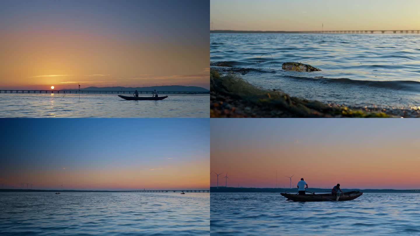 4K 唯美夕阳的湖畔晚霞 捕鱼  渔船