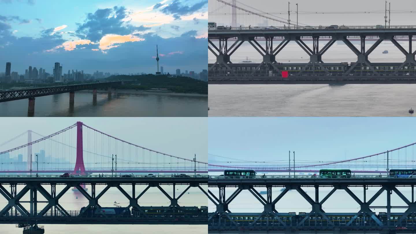 4K60武汉长江大桥火车行驶航拍