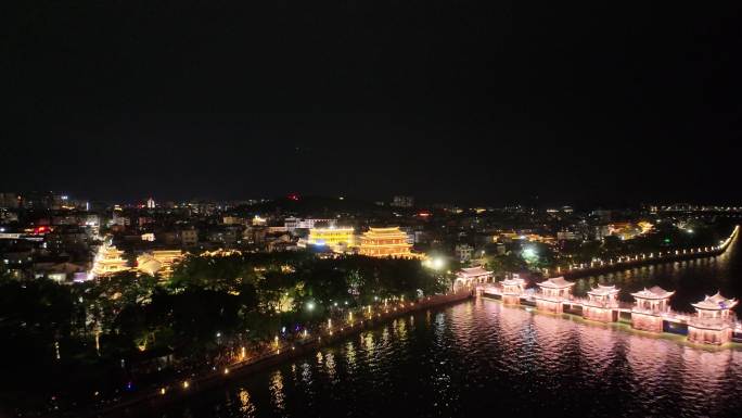 潮州广济桥夜景灯关秀航拍