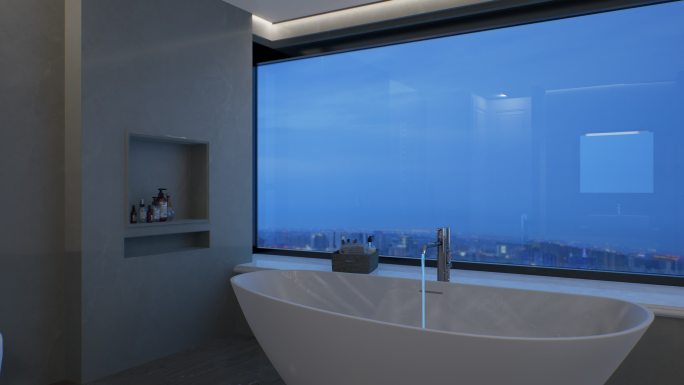 4K卫生间浴缸浴室看窗外夜景
