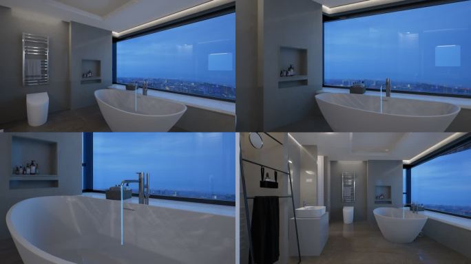 4K卫生间浴缸浴室看窗外夜景