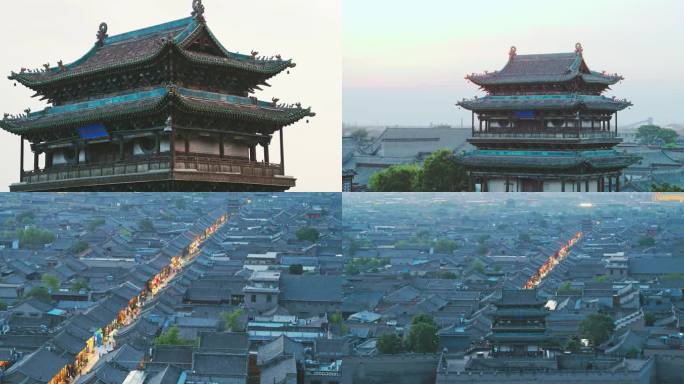 4K航拍平遥古城雨后城楼合集三