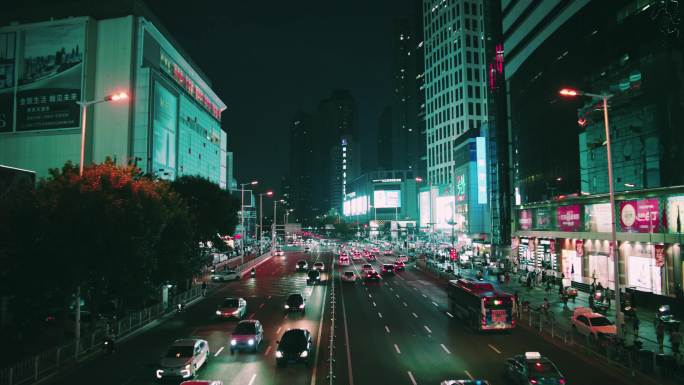 天津滨江道车流夜景延时拍摄赛博朋克风格