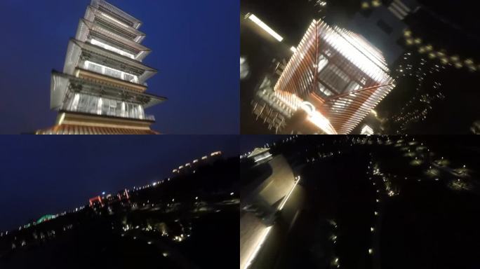 穿越机航拍中国大运河博物馆大运塔夜景灯光