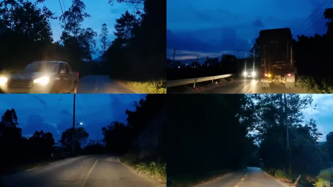 乡村凌晨公路行驶公路夜景汽车大灯车流逆光