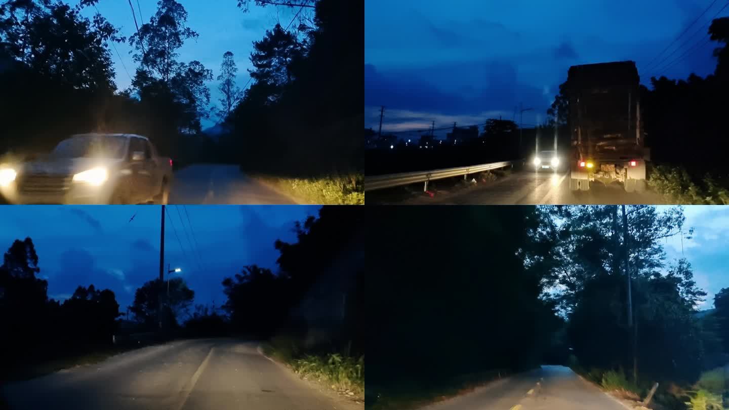 乡村凌晨公路行驶公路夜景汽车大灯车流逆光