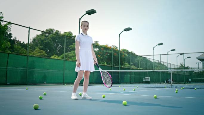女孩站在网球场上
