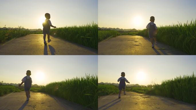 小男孩日落时分奔跑在乡村田野里放飞自我光