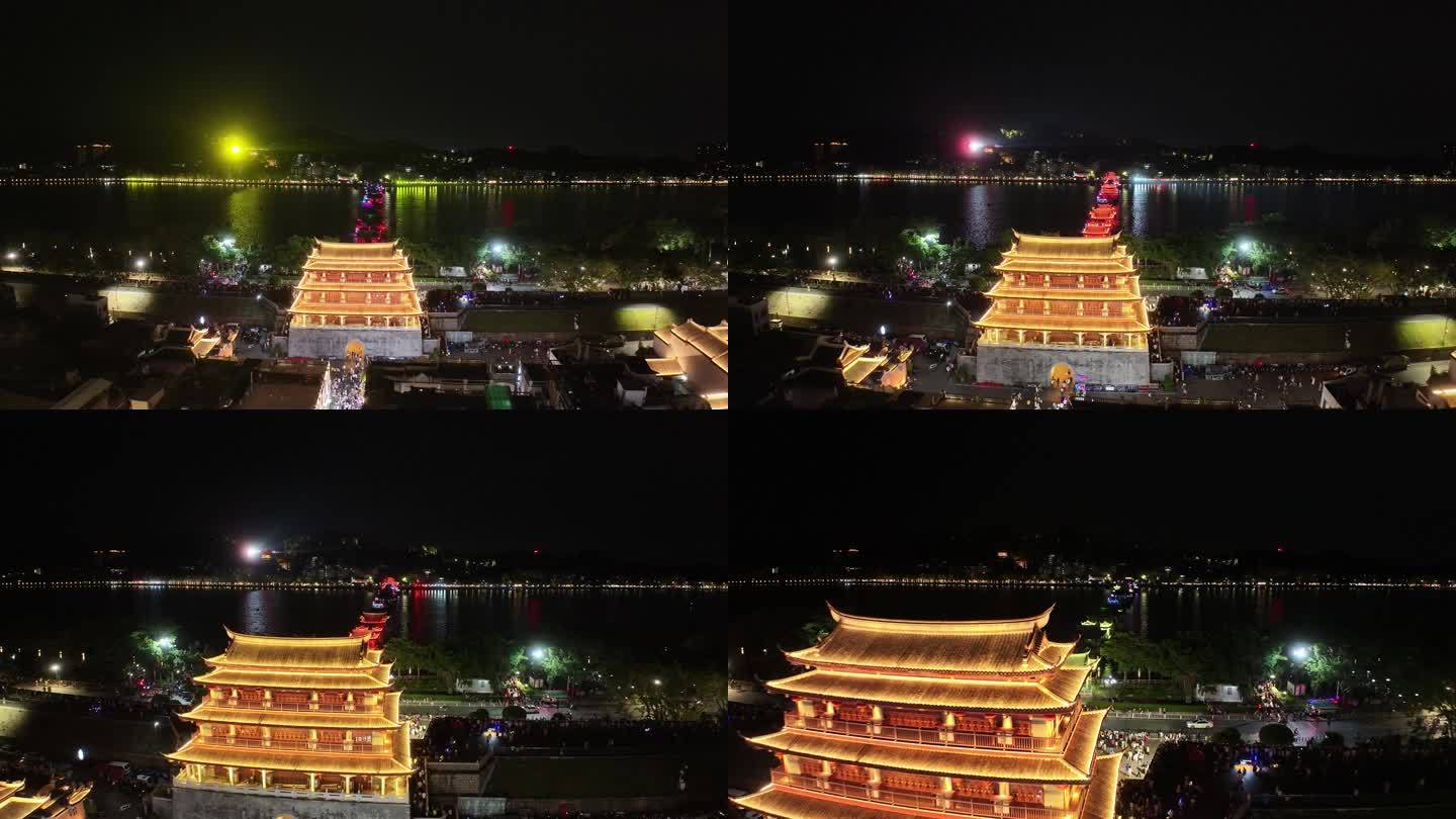 潮州广济桥夜景灯关秀航拍