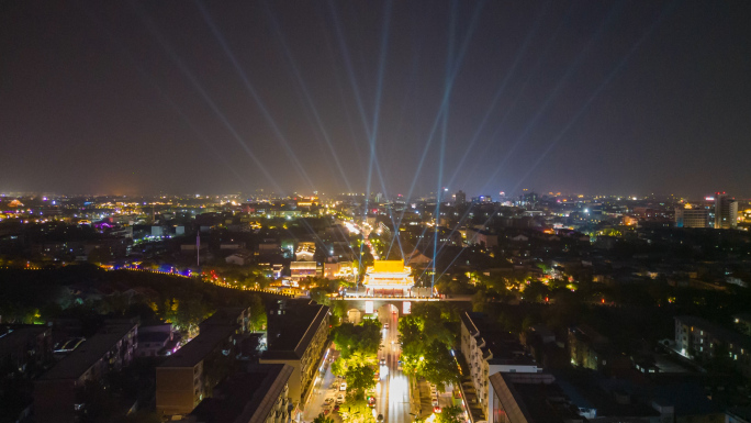 航拍开封夜景延时开封大梁门夜景