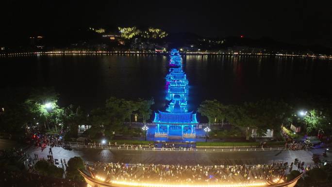 潮州广济桥夜景灯关秀航拍