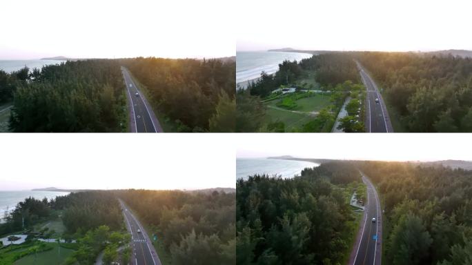 清晨汽车行驶海边森林公路汽车航拍海边公路