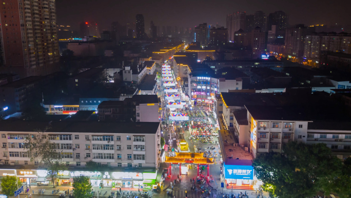 航拍新乡西大街步行街夜景延时