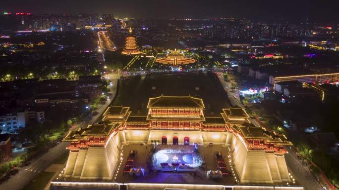 航拍隋唐洛阳城应天门遗址博物馆夜景延时