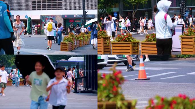 城市夏天暑假酷暑高温炎热街道人群人流汽车