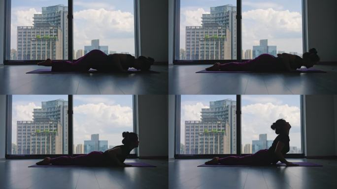 瑜伽  落地玻璃窗瑜伽剪影