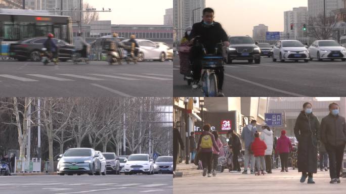 车流忙碌过马路人文夕阳城市生活骑行冬天