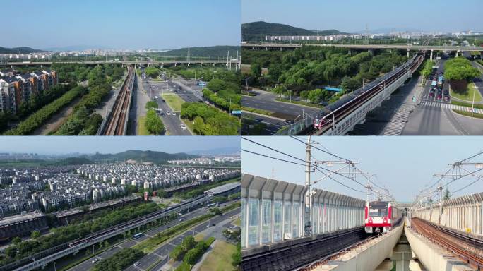 南京地铁2号线仙林航拍红色地铁