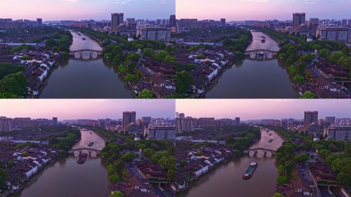 4K延时傍晚航拍杭州大运河拱宸桥