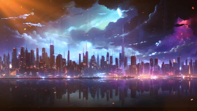 科幻未来赛博朋克都市天际线舞台大屏背景