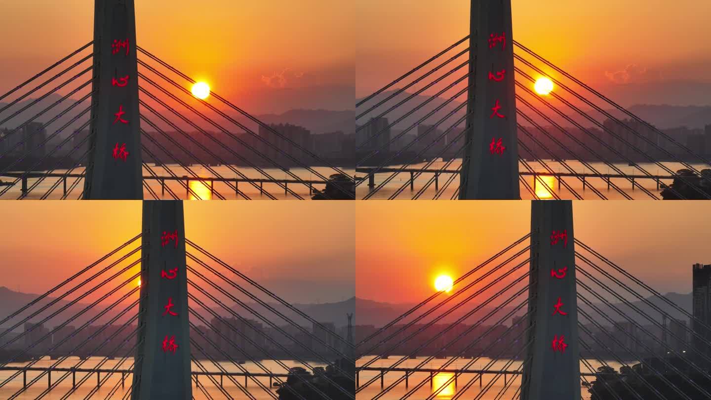清远北江洲心大桥落日夕阳航拍船只