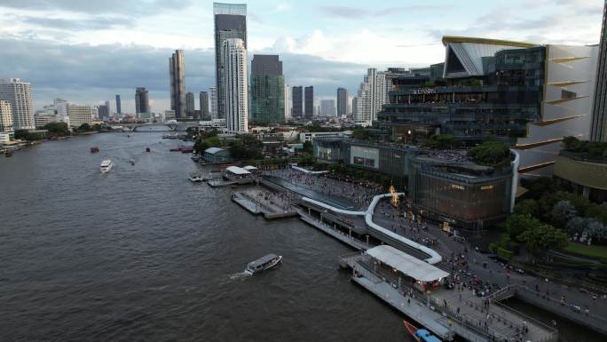 泰国航拍曼谷湄南河城市高楼天际线风光