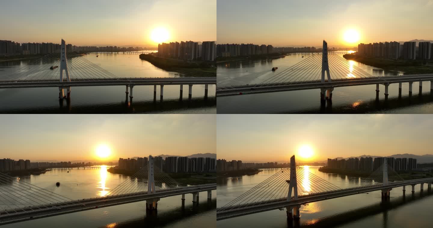 清远北江洲心大桥落日夕阳航拍