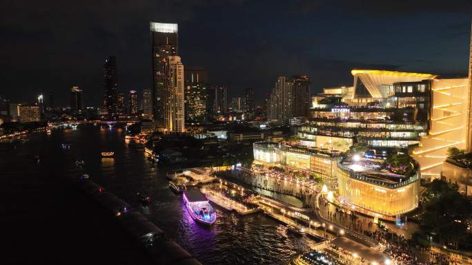 泰国航拍曼谷湄南河城市天际线繁华夜景