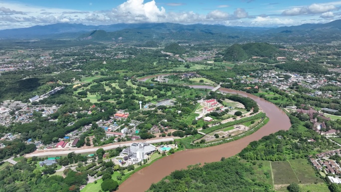 航拍泰国清莱湄考河城市绿地航拍自然风光