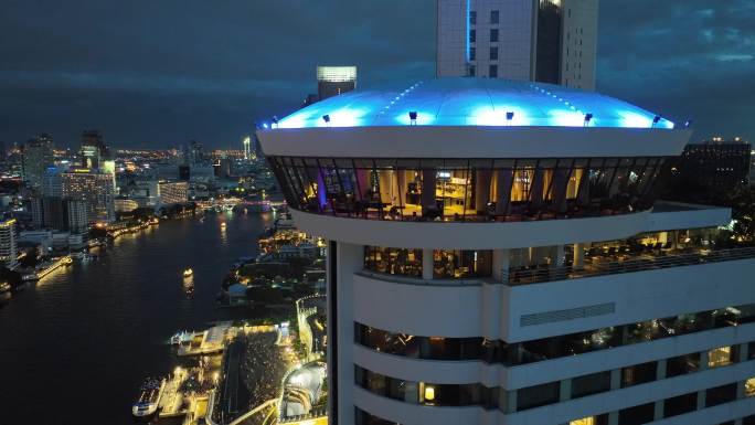 泰国航拍曼谷湄南河希尔顿酒店观景餐厅视野