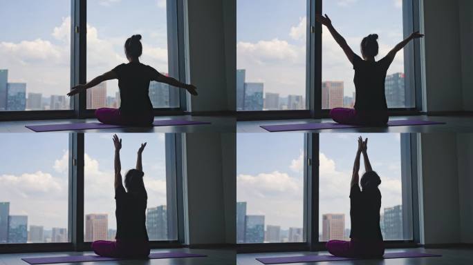 瑜伽 落地玻璃窗瑜伽剪影