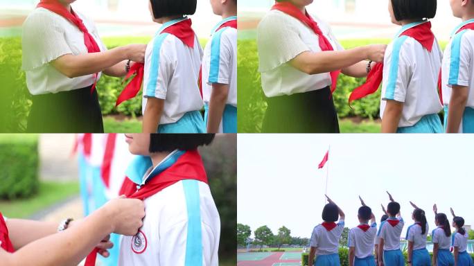 国旗下学生佩戴红领巾敬礼