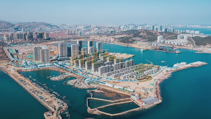 海边楼盘施工海景房建筑工地航拍延时3