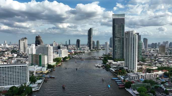 泰国航拍曼谷湄南河城市高楼天际线风光