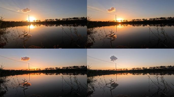 湖边延时拍摄日落