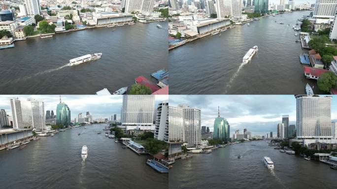泰国航拍曼谷湄南河城市高楼天际线风光