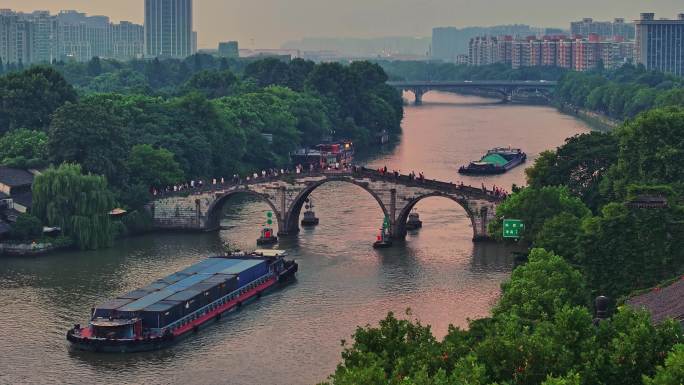 傍晚航拍杭州大运河拱宸桥合集