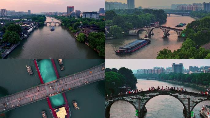 傍晚航拍杭州大运河拱宸桥合集