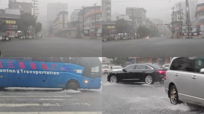 倾盆大雨暴雨倾盆雨景雨滴潮湿路面路面积水