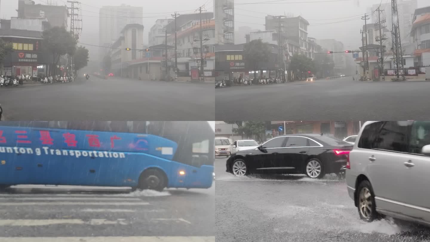 倾盆大雨暴雨倾盆雨景雨滴潮湿路面路面积水