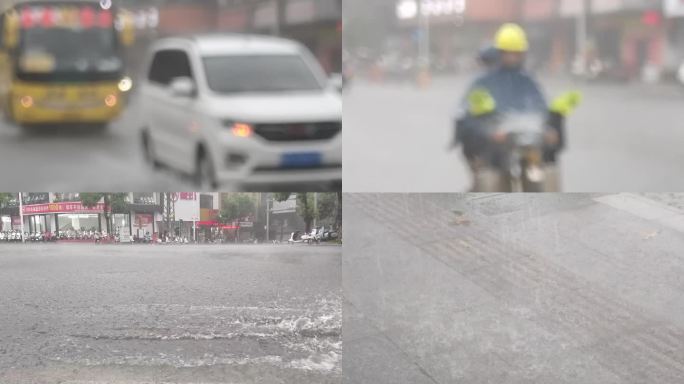 倾盆大雨暴雨倾盆雨景雨滴潮湿路面路面积水